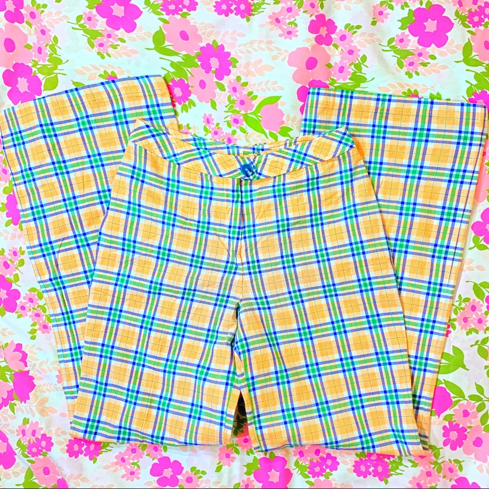 Vintage Retro 60s 70s Cotton Plaid Bell Bottoms